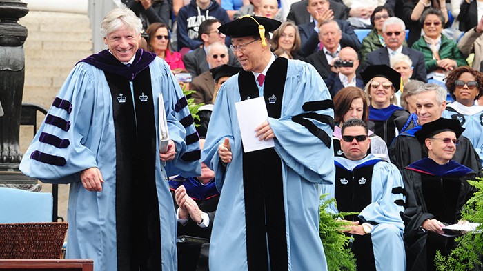 President Bollinger with honorary degree recipient Ban Ki-moon at Commencement in 2016. Photo by Chris Taggart. President Bollinger with Ban Ki Moon at Commencement.