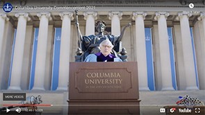 A still from the 2021 Commencement ceremony on YouTube. During the COVID-19 pandemic, President Bollinger recorded a Commencement address for a livestream celebrating graduates.
