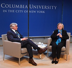 Columbia University President Lee C. Bollinger talking to Hillary Rodham Clinton at an event on campus.