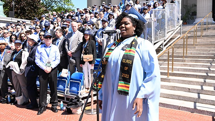 There were several amazing performances during the Commencement ceremony, including Jeanel LeBlanc's performance of "Lift Every Voice and Sing." Photo by Eileen Barroso. Jeanel LeBlanc performs "Lift Every Voice and Sing."