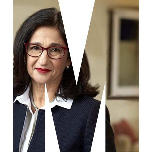 A block letter M filled with an image of Minouche Shafik
