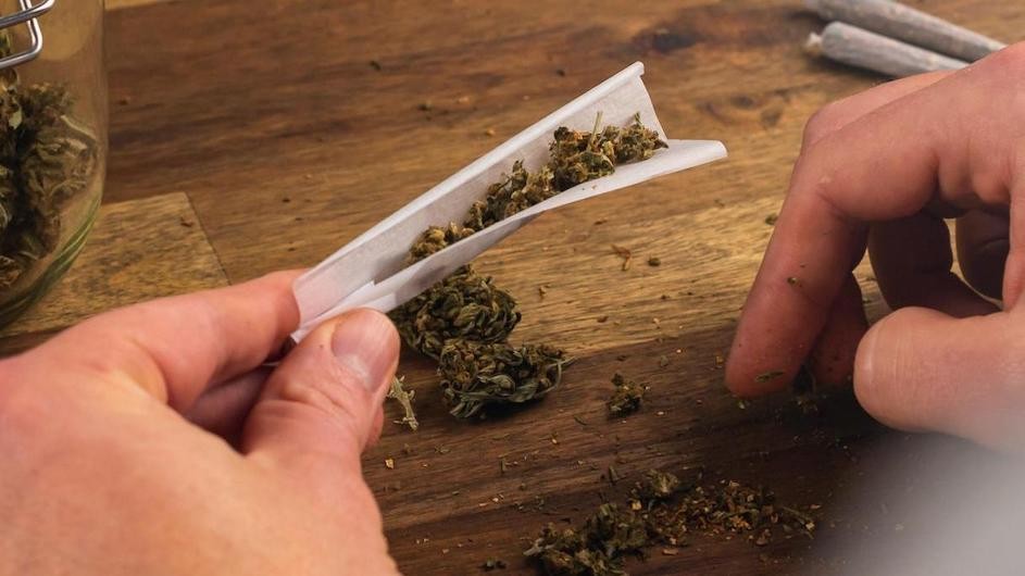 A person's hands rolling a marijuana joint.