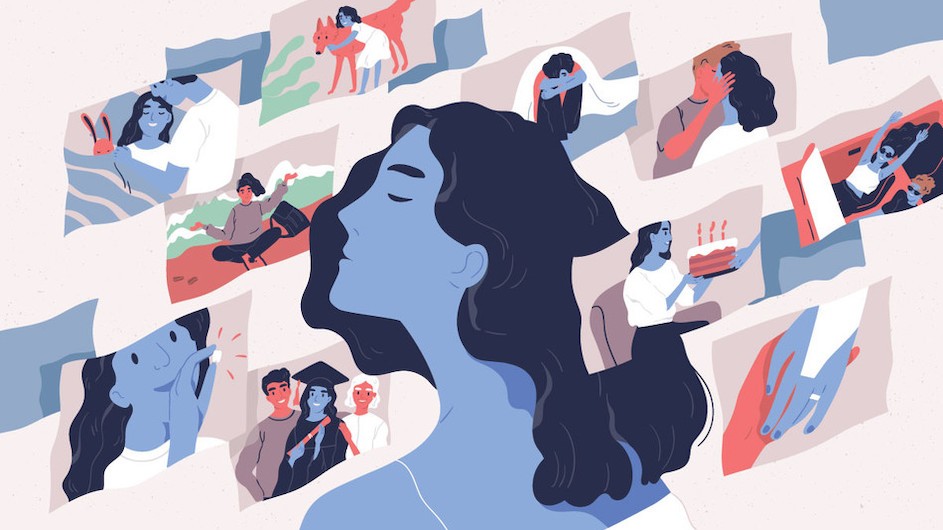 An illustration of a person's head surrounded by their memories.