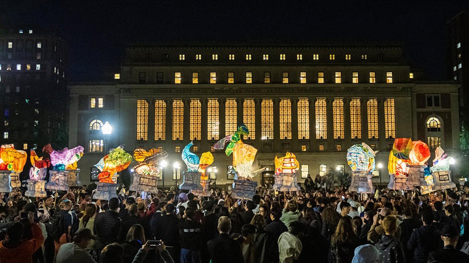 Morningside Lights procession in front of Butler Library. Morningside Lights, Columbia University
