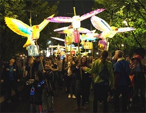 Lanterns light up the night. Morningside Lights, Columbia University