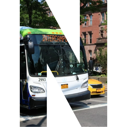 A block letter N with an intercampus shuttle picture in it.