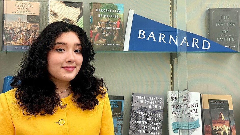 Nazira Davroni will graduate from Barnard in 2025 with a combined major in Educational Studies and Human Rights. Barnard College student Nazira Davroni