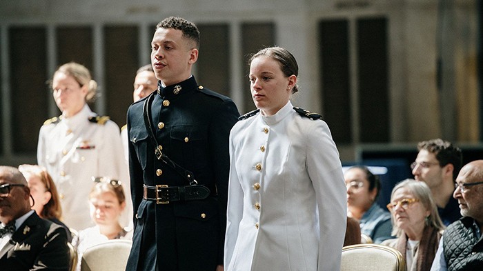 Charles Lockett (CC'23) and Catherine Medeiros (SEAS'23) at the NROTC Commissioning Ceremony in Low Library. Photo by April Renae. Charles Lockett and Catherine Medeiros at the NROTC Commissioning Ceremony.