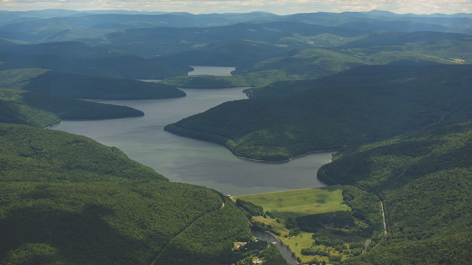 An aerial view of the Pepacton Reservoir in Delaware County, New York. The reservoir supplies around 25% of New York City's drinking water. (Credit: Josh Dick/Watershed Agricultural Council) An aerial view of the Pepacton Reservoir in Delaware County, New York.