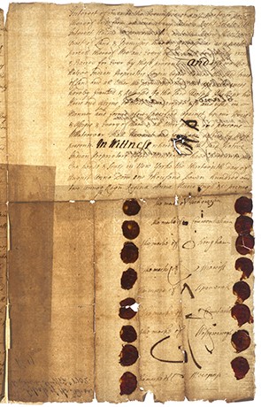 1702 land deed showing Native American signatures, Philipse-Gouverneur Papers, Rare Book and Manuscript Library, Columbia University.