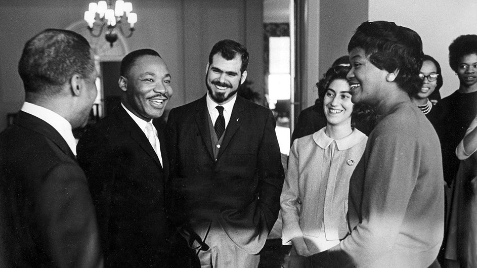 Martin Luther King Jr. with "Owl" editor Wally Wood and other Columbia students at Columbia University in 1961.