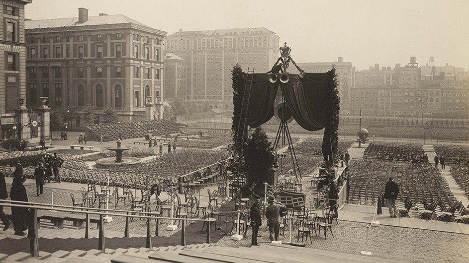 1926 graduation Commencement setup on Low Plaza with hundreds of chairs at Columbia University.
