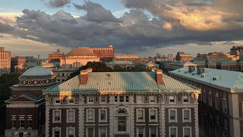Panoramic view of Low Library and Earl, Lewisohn, & Dodge Halls from Barnard College on a cloudy sunset evening at Columbia University.