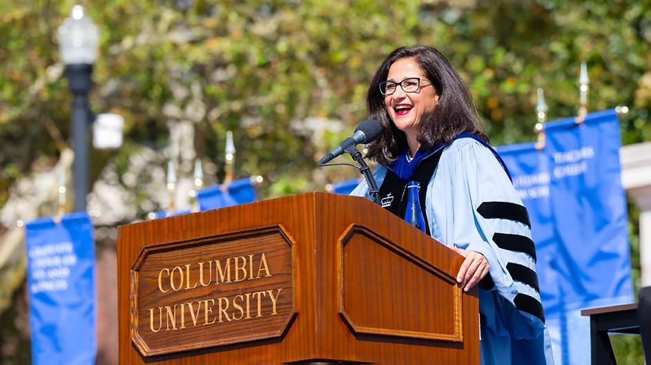 Minouche Shafik, Columbia University's 20th president, gives her Inaugural address on the steps of Low Library. Photo by Diane Bondareff.