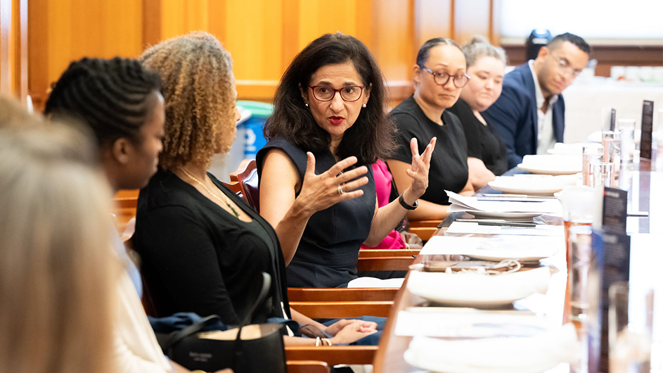 Columbia President Minouche Shafik speaks with Deputy Manhattan Borough President Keisha Sutton-James and a roundtable of community leaders after a visit to a Double Discovery Center classroom. Photo by Diane Bondareff/Columbia University. President Shafik speaks with a roundtable of experts at a Double Discovery Event.