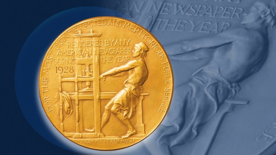 Pulitzer Prize medal on a blue background