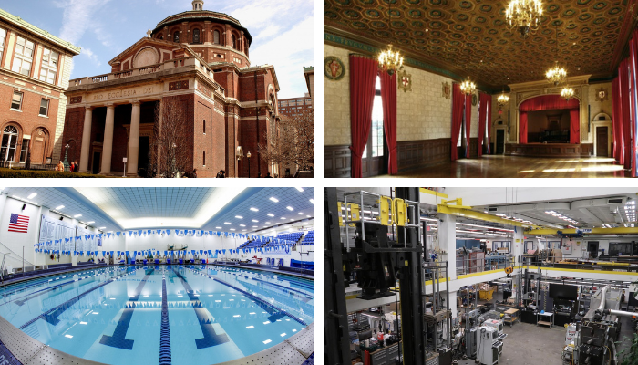 Clockwise from left: St. Pauls' Chapel, the Teatro in Casa Italiana, Uris Pool in Dodge Physical Fitness Center, and the interior of the Robert A. W. Carleton Strength of Materials Laboratory. St. Paul's Chapel, the Teatro at Casa Italiana, Uris Pool, Carleton Laboratory.