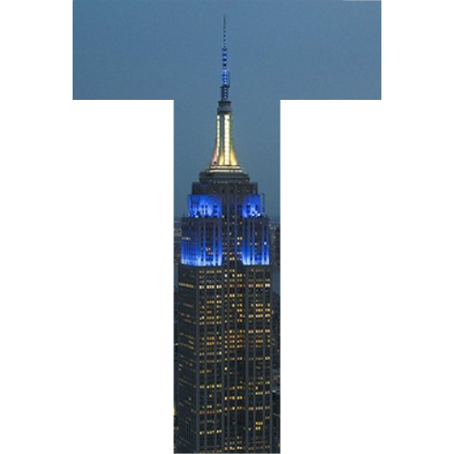A block letter T with an Empire State Building glowing blue in the center. 
