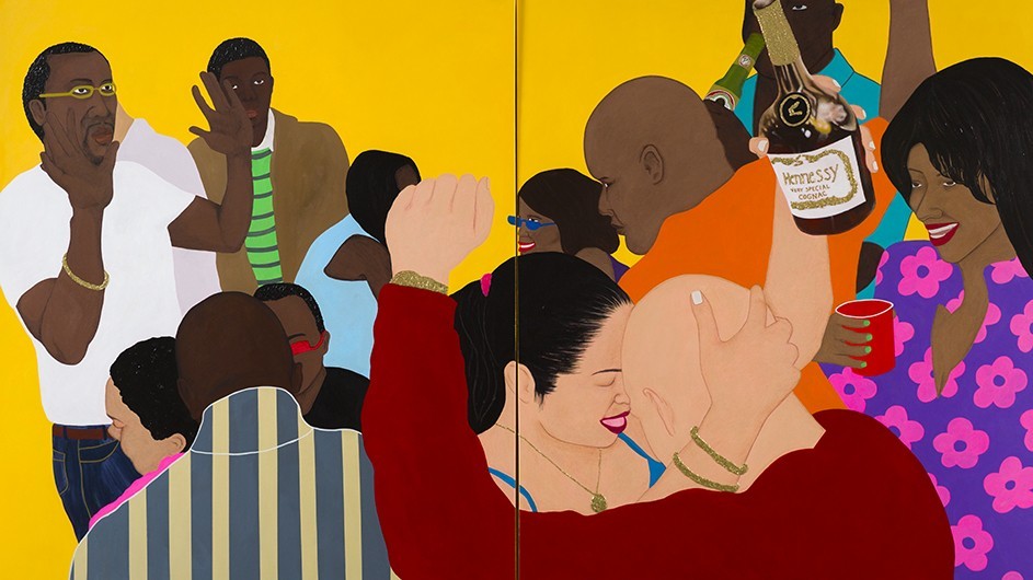 Tiffany Alfonseca, "Coro en 3039 Wallace (De Lo Mío)," 2021; acrylic paint, glitter, colored pencil, and charcoal on canvas; photo: Ian Byers-Bamber. Tiffany Alfonseca, "Coro en 3039 Wallace (De Lo Mío)," 2021; acrylic paint, glitter, colored pencil, and charcoal on canvas; photo: Ian Byers-Bamber.