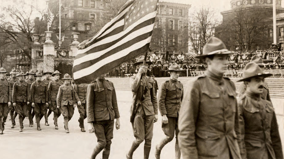A World War I parade on Columbia's campus, circa 1917 or 1918. Photo courtesy of Columbia University Archives. Veterans parade on campus in 1917.