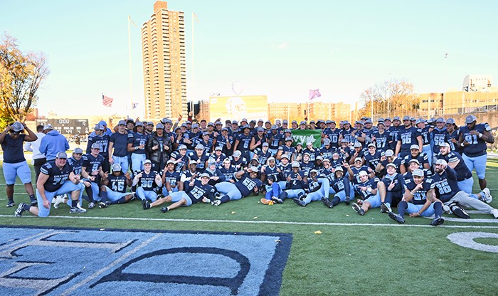 It takes a team! The Columbia Lions Football team and staff revel in their Ivy League title, the first for Columbia in 63 years! Photo by Stockton Photo/Columbia Athletics. The entire Columbia football team and staff pose for a celebratory photo.