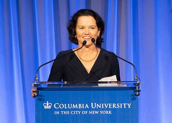 “The experiences you have had, the talents you have acquired, and the values you live align so deeply with what we believe in, with what this institution shall and must stand for: dedicated to diversity of thought and background, to creativity and perseverance, and to community and a commitment to others,” said Columbia University Interim President Katrina Armstrong at the Military Ball. “Thank you for being part of this community.” Photo by Steve Myaskovsky. Columbia University Interim President Katrina Armstrong speaks at the University's 2024 Military Ball.
