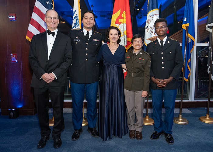 Interim President Katrina Armstrong with Columbia’s 2024 Military Ball attendees. Photo by Steve Myaskovsky. Interim President Katrina Armstrong with student veterans at Columbia’s 2024 Military Ball.