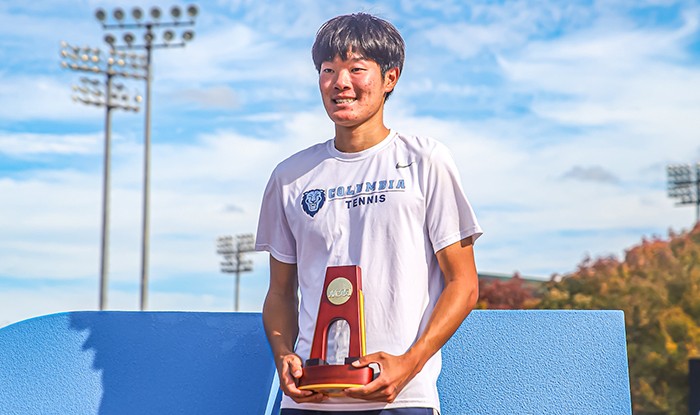 Congratulations to Columbia Men's Tennis three-time All-American Michael Zheng (CC'26) on his NCAA national singles tennis title, the first for Columbia since 1906. Photo by Ej Eckles/Columbia Athletics. Michael Zheng