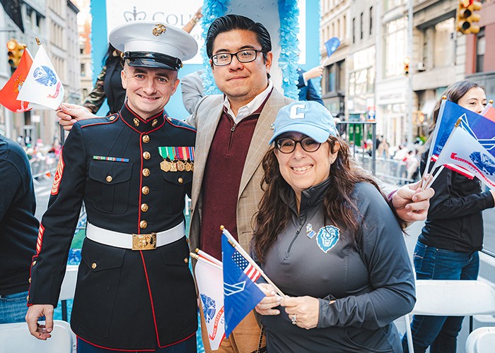 Columbia kicked off the week of honoring our veterans with the University’s float in the Veterans Day Parade. Here is Columbia General Studies Dean Lisa Rosen-Metsch celebrating with student veterans Isaiah Nagelkerk (left, GS’25) and William Luo (GS’28). Columbia General Studies Dean Lisa Rosen-Metsch on Columbia's Veterans Day parade float with student veterans