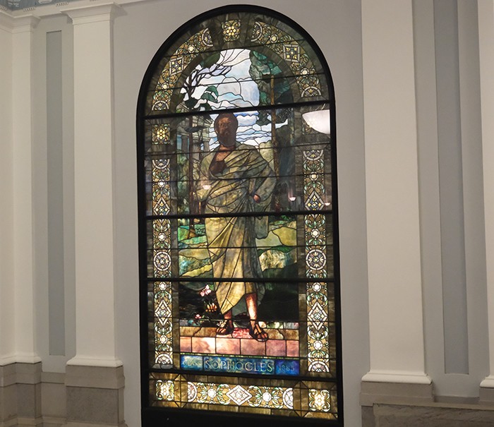 "Sophocles" by Louis Comfort Tiffany, Art Properties, Columbia University. Photo by Bruce Gilbert. Sophocles by Louis Comfort Tiffany, Columbia University