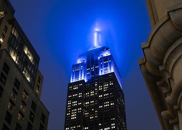 The Empire State Building glowed blue on the night of May 15 for Columbia graduates. Photo by David Dini. The Empire State Building image® is a registered trademark of ESRT Empire State Building, L.L.C. and is used with permission. The Empire State Building Glows Blue on May 15.