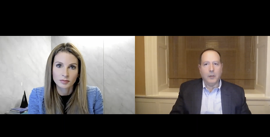 Columbia Professor David Schizer sat down with journalist and Columbia College alumna Jen Maxfield Ostfeld. Two people talking during a virtual webinar.