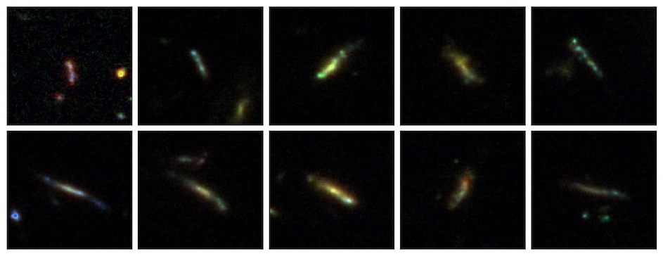 Images of what researchers believe are elongated, ellipsoid (i.e. breadstick-shaped) galaxies, captured with the James Webb Space Telescope. 