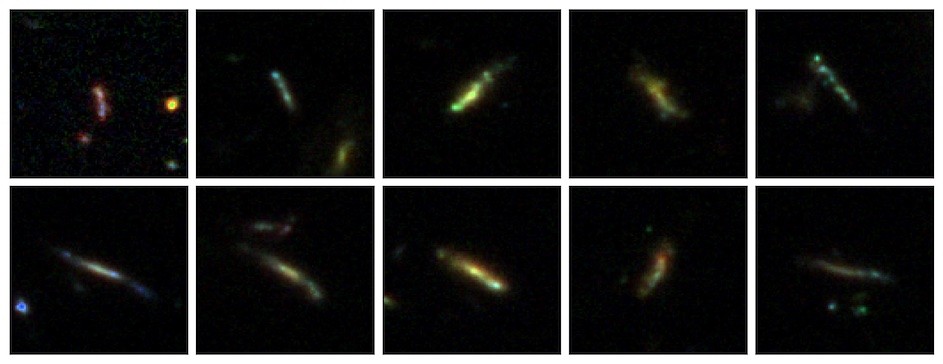 Images of what researchers believe are elongated, ellipsoid (i.e. breadstick-shaped) galaxies, captured with the James Webb Space Telescope. The word “believe” reflects the fact that some of the galaxies may be disk (i.e pizza pie) shaped galaxies seen from the side. (Credit: Viraj Pandya et al.) Images of what researchers believe are elongated, ellipsoid (i.e. breadstick-shaped) galaxies, captured with the James Webb Space Telescope.