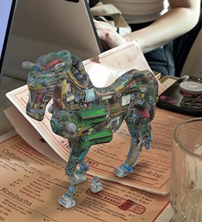 An augmented intelligence (AR) model about electronic waste that Ann Wang and her team created for a digital storytelling course. horse student project