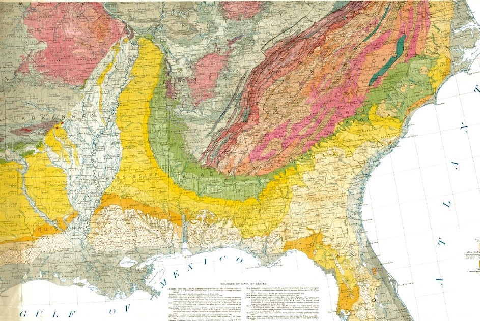 A map of the Southern United States. The yellow areas of the map are to this day characterized by particularly fertile soil as a result of ancient marine phytoplankton that lived there when the area was under water 100 million years ago. The nutrient-rich soil that resulted made the areas popular locations for plantations that relied on the labor of enslaved people before the US Civil War. They also closely correspond to areas with high rates of poverty today. (Columbia University Archives)