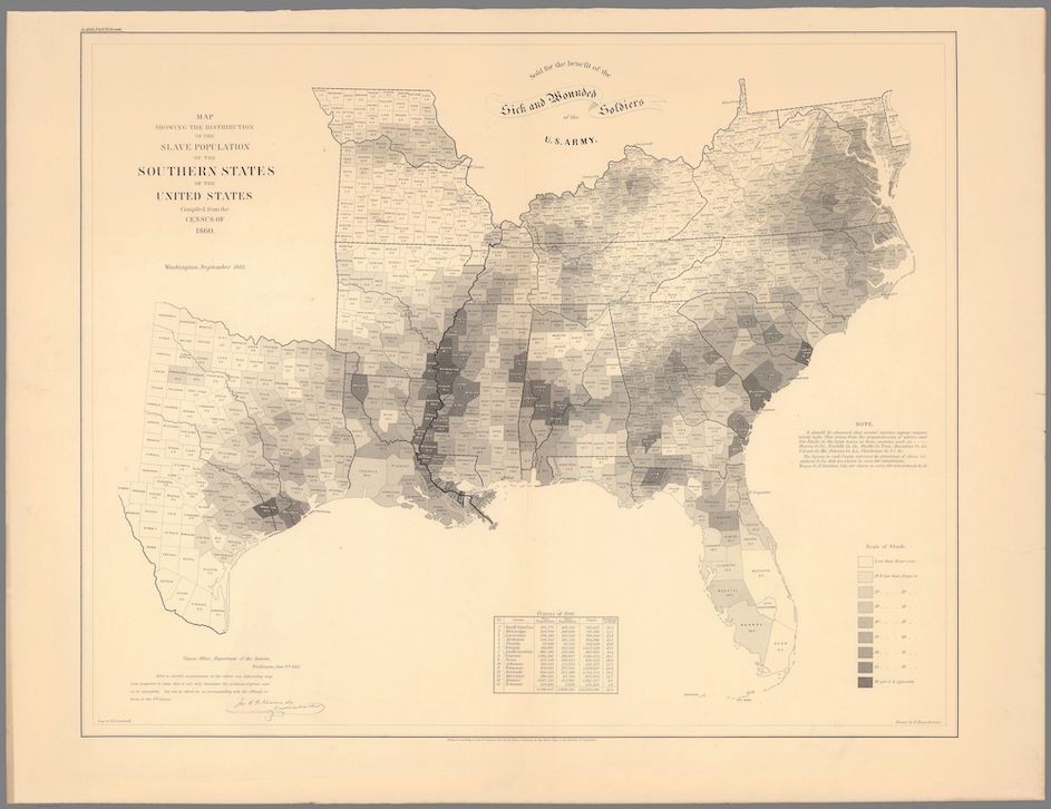 An 1860 U.S. census map showing the distribution of the enslaved population of the Southern states of the United States. (Retrieved from the Library of Congress)