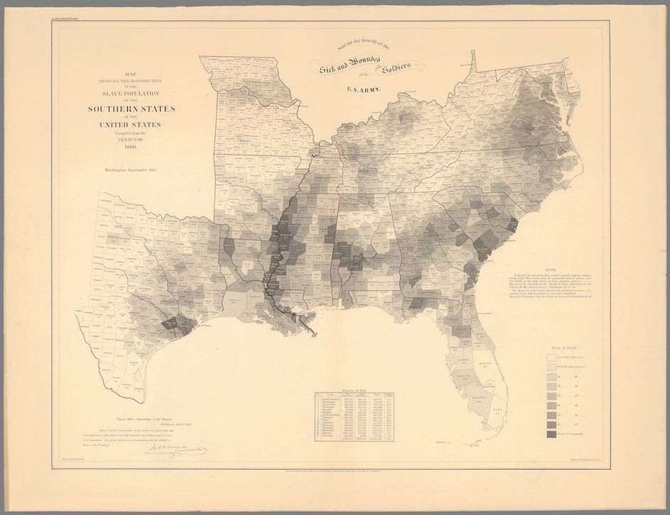 An 1860 U.S. census map showing the distribution of the enslaved population of the southern states of the United States. (Retrieved from the Library of Congress) An 1860 U.S. census map showing the distribution of the enslaved population of the Southern states of the United States. (Retrieved from the Library of Congress)