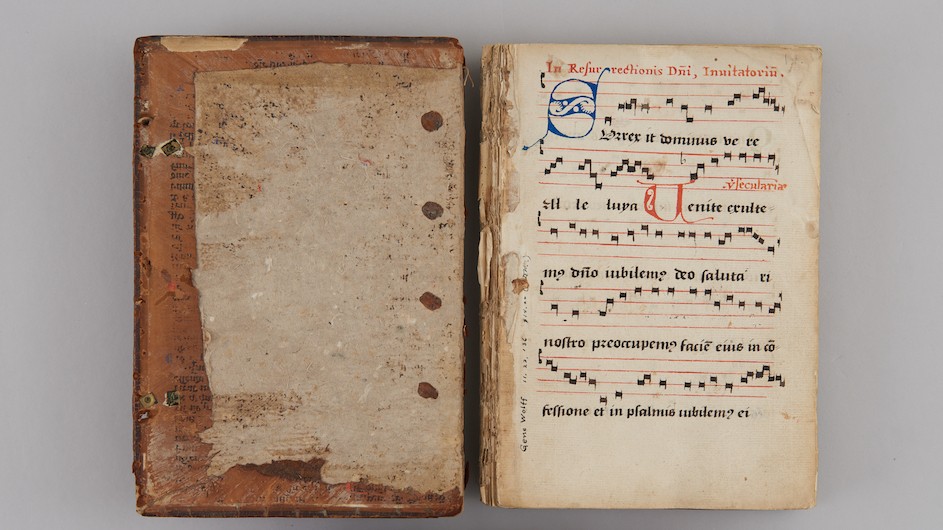 The antiphonary, whose official name is UTS MS 114, before being treated by Columbia conservators.