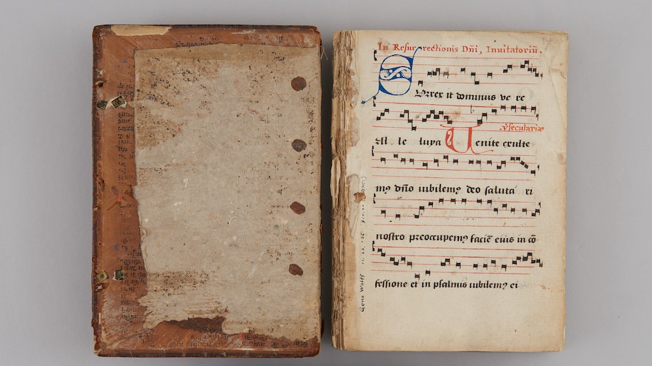The antiphonary before being treated by Columbia conservators. The antiphonary, whose official name is UTS MS 114, before being treated by Columbia conservators.