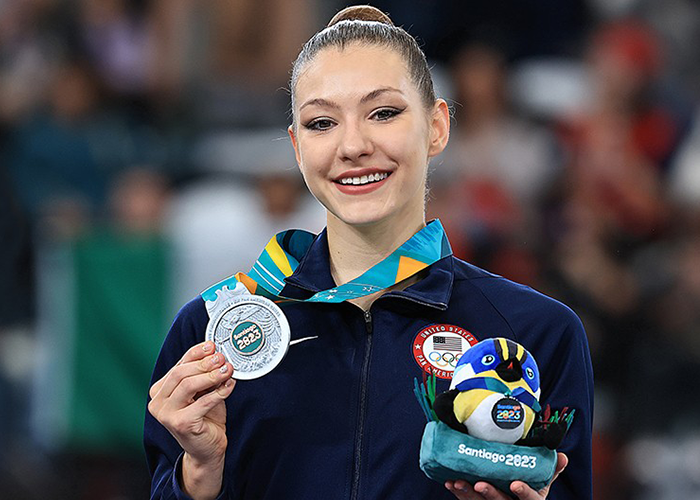 Evita Griskenas, 2023 Pan American Games all-around silver medalist, Santiago, Chile. Photo by Ricardo Bufalin. Evita Griskenas, 2023 Pan American Games all-around silver medalist, Santiago, Chile. Photo by Ricardo Bufalin.