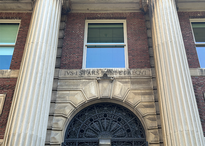 The inscription above Kent Hall. Photo by Kelly Moffitt-Hawasly. “Ius Est Ars Boni Et Aequi”