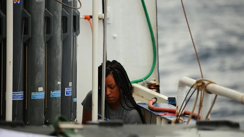 Acosta on a 2019 research cruise in the Gulf of Mexico. (Credit: Joe Montoya) Acosta on a 2019 research cruise in the Gulf of Mexico. (Credit: Joe Montoya)