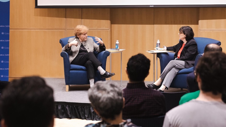 Ambassador Deborah Lipstadt talking with Professor Ester Fuchs at a SIPA event on the rise of global antisemitism and its threat to democracy and stability around the world.