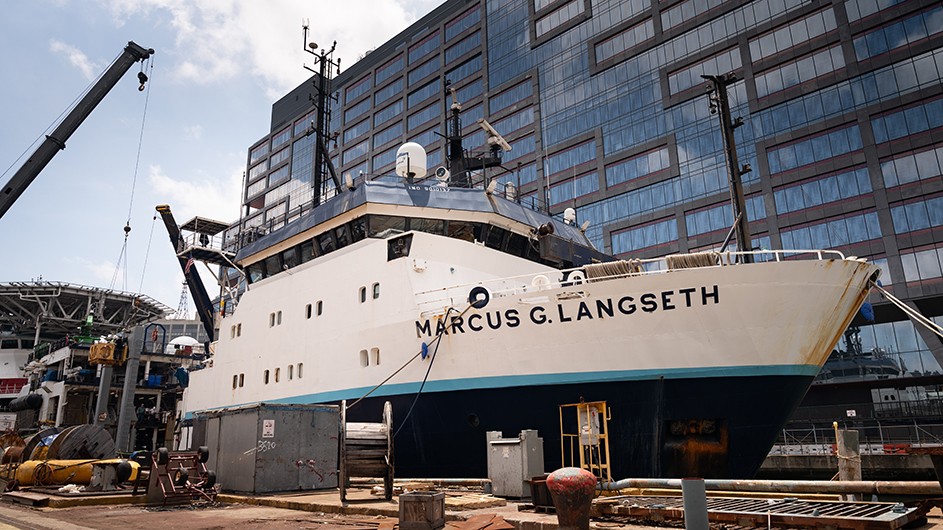 Marcus G. Langseth Research Vessel docked at Brooklyn Navy Yard on a sunny day. 