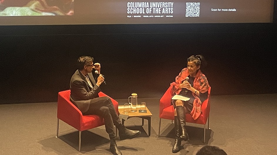 Ramin Bahrani, left, and Wafaa El-Sadr, right, at the Lenfest Center for the Arts. Photo by Lisa Cochran. Columbia University Professors Rahmin Bahrani and Wafaa El-Sadr