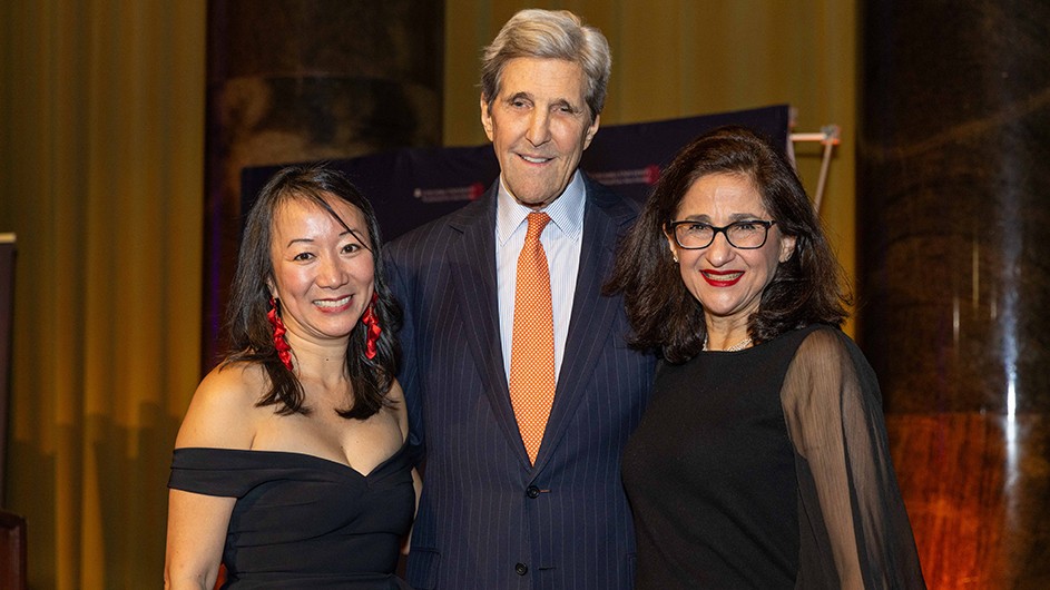Columbia University President Minouche Shafik with John Kerry and Lien-Hang T. Nguyen