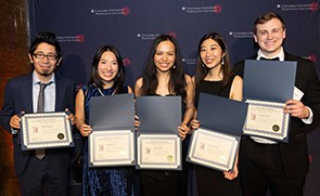 The WEAI 75th Anniversary Student Award for Excellence honorees, from left to right: Tender Dorjee, Kaitlin Hao, Caixia Mao, Kanako Tajima, and Sam Angell. Photo by Christian Balmers.