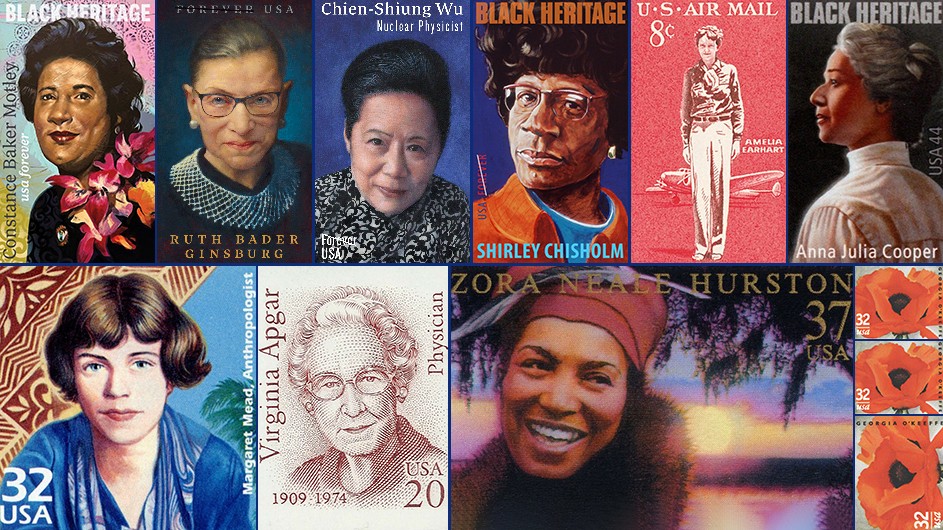 A collage of Columbia women on US postage stamps.