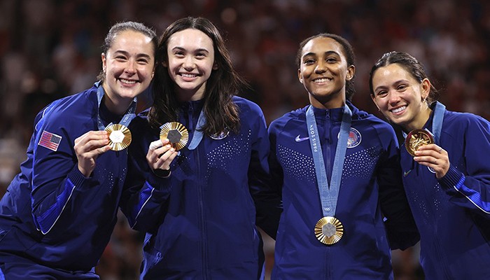 Pictured left to right: Jackie Dubrovich (CC'16), Maia Weintraub, Lauren Scruggs, Lee Kiefer. NCAA photo via Getty Images. Jackie Dubrovich (CC'16), Maia Weintraub, Lauren Scruggs, Lee Kiefer.